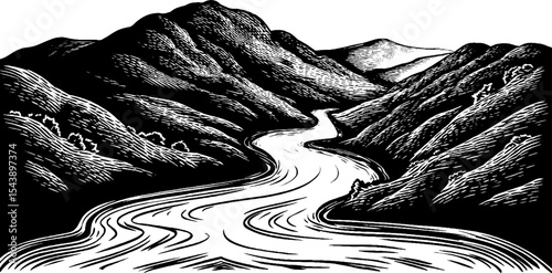 Serene river winding through mountainous landscape in black and white design