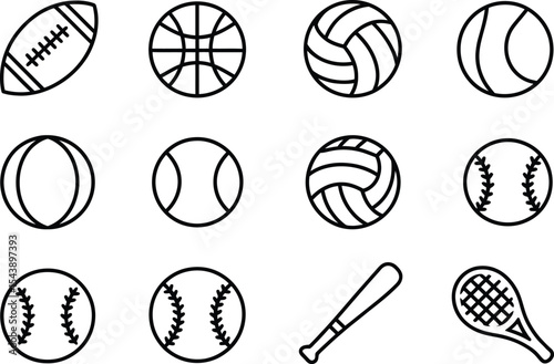 Outline drawing of various sports equipment including balls and rackets