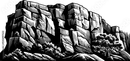 Dramatic rocky cliff face with vertical cracks and tree at base in monochrome art style