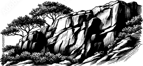 Majestic rocky cliff with vertical cracks and trees in monochrome for natural landscape design