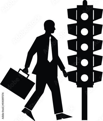 Businessman Walking Past Traffic Signal Light in Urban Setting