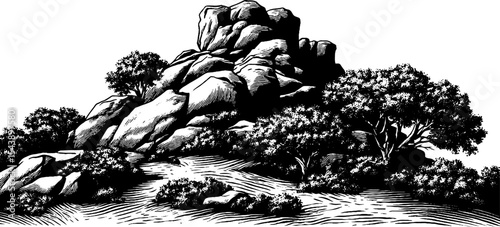 Monochrome rocky outcrop on hillside with trees for nature design
