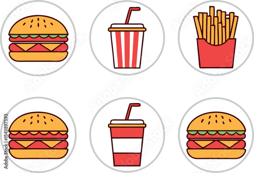 Colorful fast food icons including burgers french fries and drinks in circles