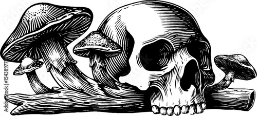 Skull entwined with roots and surrounded by mushrooms for nature and mystery themes