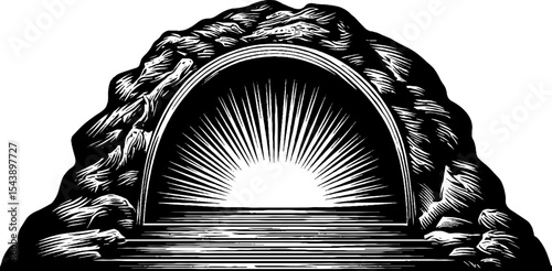 Mystical round portal doorway with radiant symbols and light burst