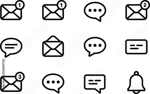 A collection of black outline notification icons on a white background set up
