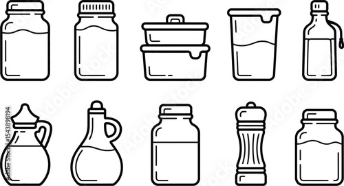 A line art illustration featuring various containers and kitchen vessels