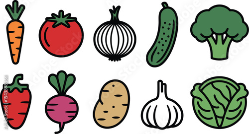 Illustration of ten different vegetables including carrot and tomato icon set