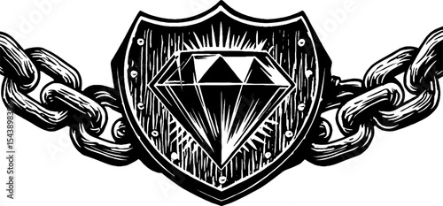 Protective shield with broken chain and radiant gem - ideal for fantasy design and symbolic art