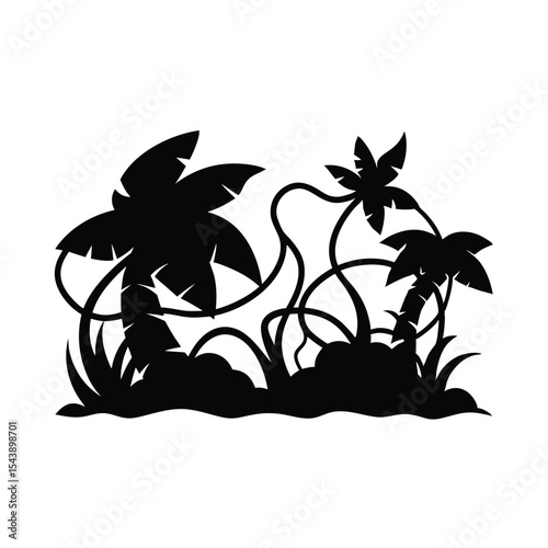 Tropical island beach vector with palm tree silhouettes for summer travel illustration at sunset