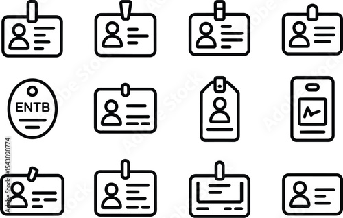 A set of twelve black and white icons depicting identification cards and badges