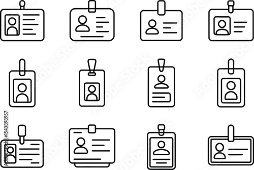 A collection of twelve identification badge icons in a line art style