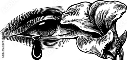 Emotional expression: a single tear morphing into a flower