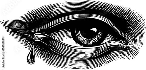 Emotional expression of a single tear from a closed eye in black and white artwork