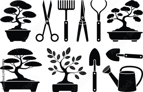 Black silhouette of bonsai trees and gardening tools on a white background