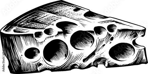 Swiss cheese slice with large holes on black background - cheese poster design