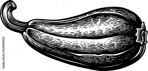 Black and white engraving of a bumpy skinned gourd on wooden backdrop