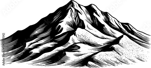 Mountain illustration in black and white with intricate line art design