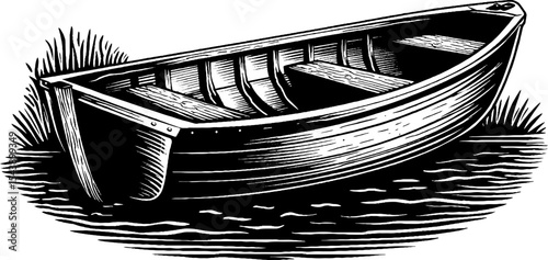 Serene black and white rowboat by the shore for nautical design