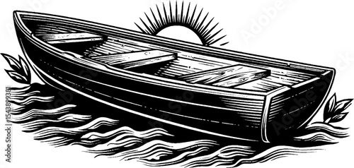 Classic wooden rowboat by the shore with rising sun in black and white