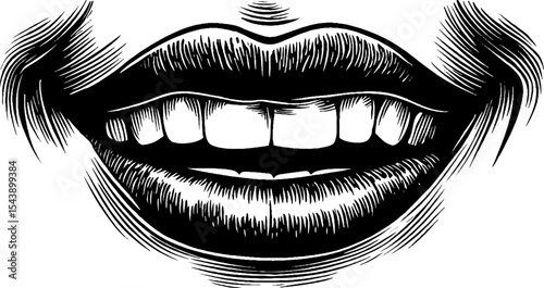 Minimalist black and white illustration of a smiling mouth with closed eyes