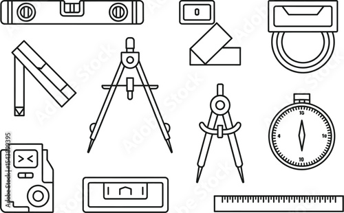 Illustration of various drafting and measurement tools in outline style