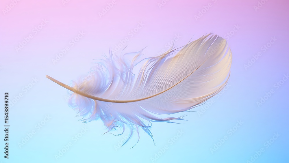Obraz premium A delicate white feather floating gently against a soft pastel colored background with pink and blue hues