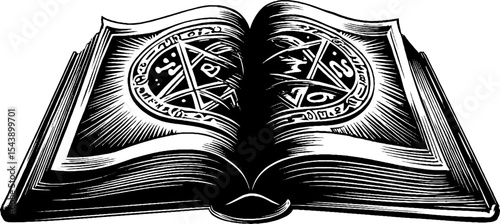 Mysterious spell book with glowing black and white symbols for fantasy design