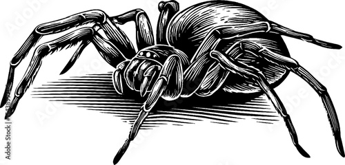 Spider descending on silk thread in black and white for nature art and design