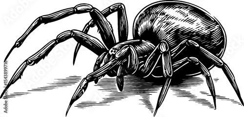 Intricate black and white artwork of a spider descending on a silk thread
