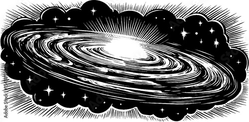 Black and white spiral galaxy swirl woodcut engraving artwork