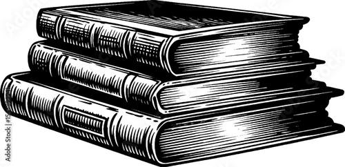Stack of vintage books in black and white woodcut style for literary themes