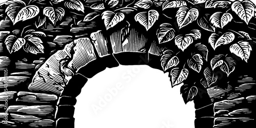 Ivy-covered stone gateway with cracked arch in black and white design for historical themes