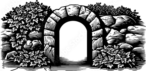 Ancient stone gateway with ivy and cracked arch for historical garden themes