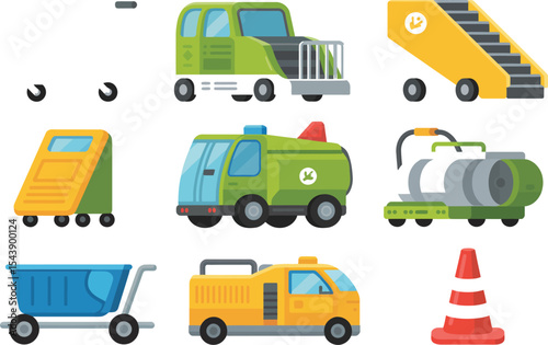 Various airport ground service equipment vehicles and accessories displayed