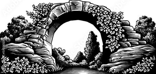 Enchanted stone gateway with ivy and cracked arch in black and white design