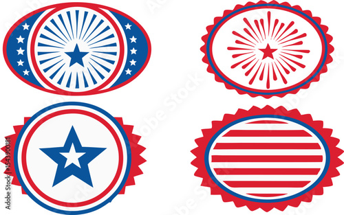 “Red White & Blue Patriotic Badge Set – Stars, Eagles, Fireworks & USA Flag Icons (Flat & Silhouette)”