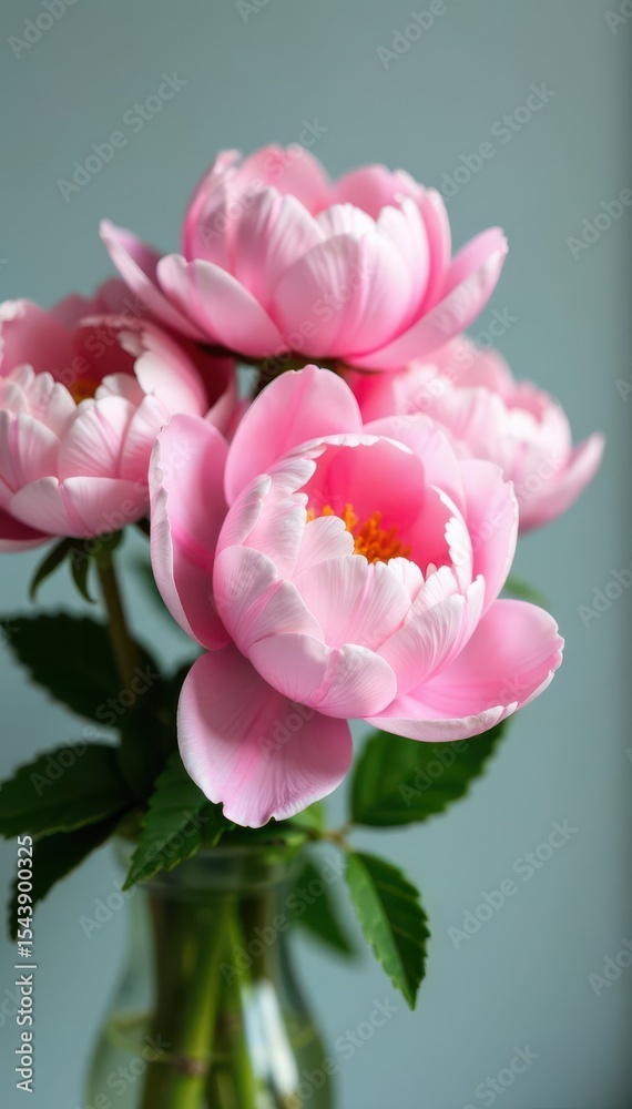 Obraz premium Delicate pink peony flowers arranged in a loose bouquet with white accents , spring blooms, floral arrangement