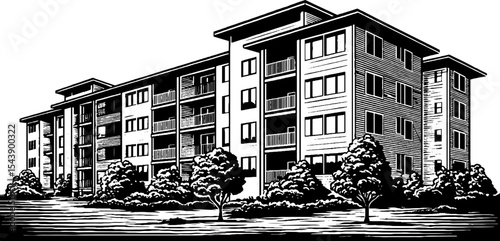Urban architecture: tall black and white apartment building with balconies, featuring detailed exterior design