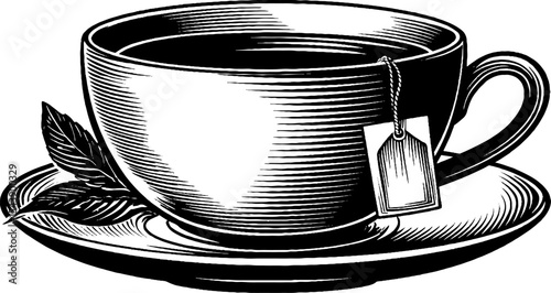 Black and white line drawing of teacup with saucer and teabag for design projects