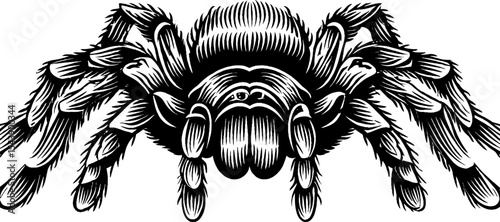 Black and white woodcut art of tarantula with hairy legs for design and print