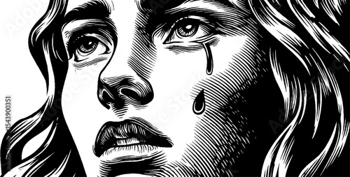 Emotional expression in black and white portrait with teardrop for art print design