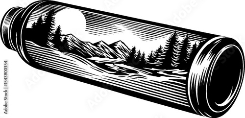 Black and white thermos bottle with scenic mountain and forest design