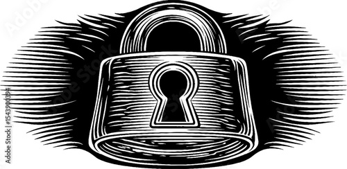 Surreal lock in crystal and flame halo on black background for conceptual design
