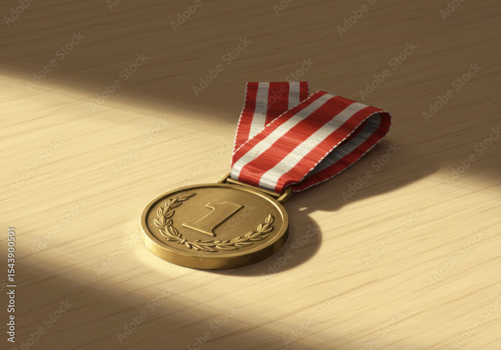 Gold medal on a wooden surface with sunlight casting shadows, symbolizing achievement Gold medal on a wooden surface with sunlight casting shadows, symbolizing achievement