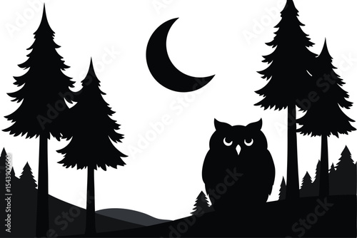 Black cat silhouette on a tree branch, a cute nocturnal animal illustration for Halloween night