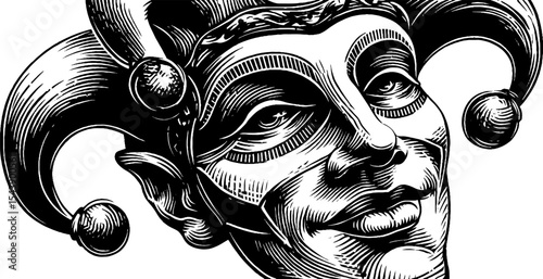Black and white trickster mask with bells for artistic design and inspiration