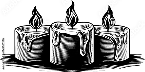 Trio of burning candles with wax trails and sparks on black background for decorative design