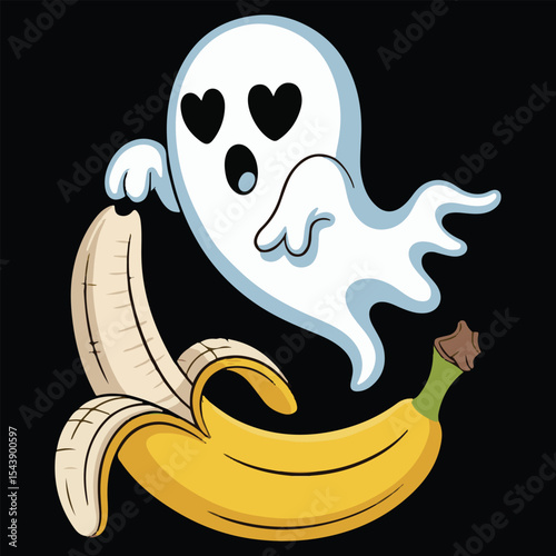Cute Ghost with Heart Eyes Floating Over a Peeled Banana – Funny Cartoon Vector on Black Background