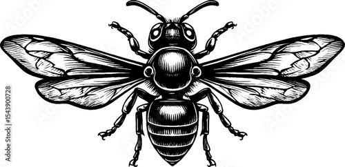 Intricate black and white woodcut of wasp with extended wings